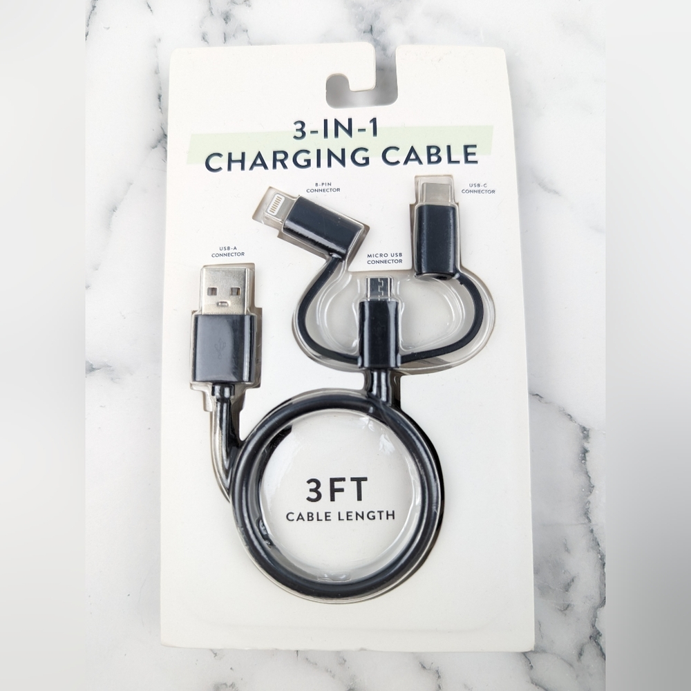 Vivitar Black 3 in 1 Charging Cable USB-C Micro USB 8 Pin Connector 3' Long